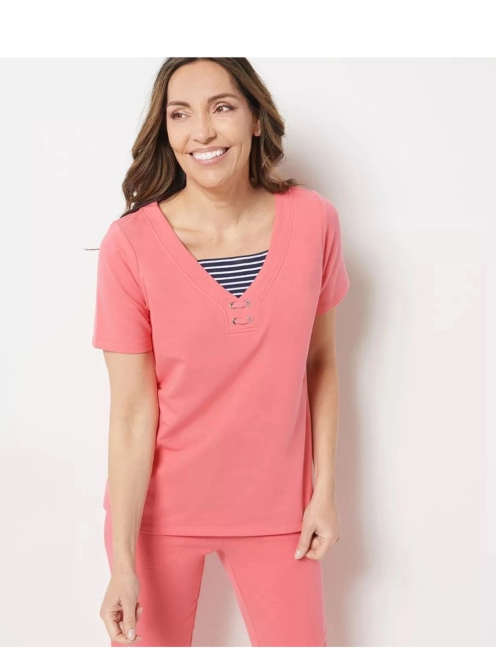 Sport Savvy Size L French Terry V-Neck Short Sleeve Top CORAL  Red/Orange